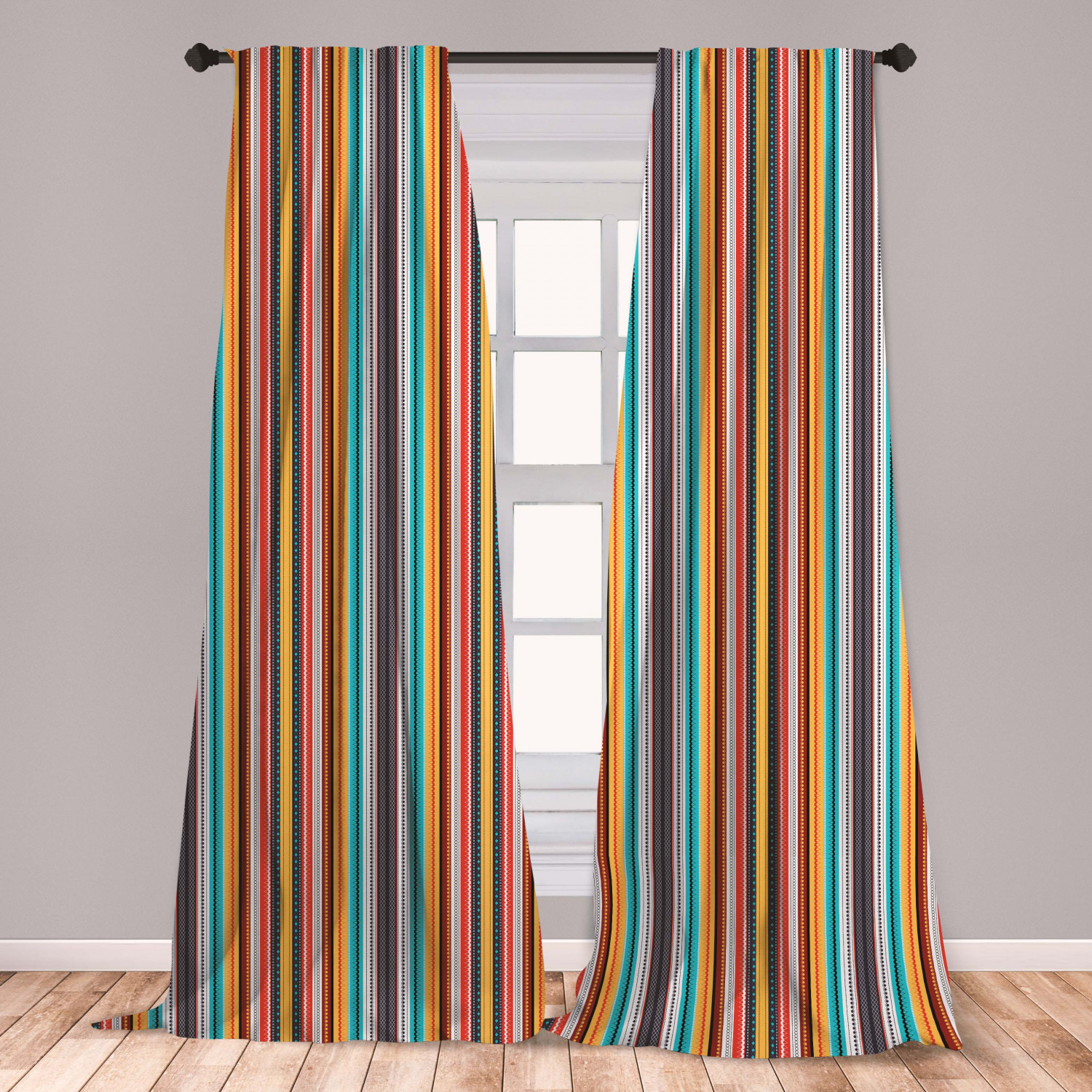 Ethnic Curtains 2 Panels Set, Composition of Vertical Stripes with