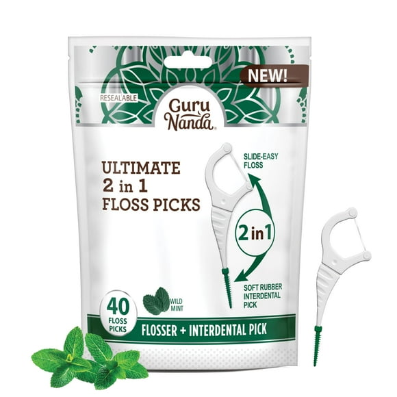 GuruNanda 2 in 1 Dental Floss Picks - Non-Slip Grip Handle, Slide Easy, No Break or Shred Flosser - Complete Oral Care with Interdental Pick for Healthy Teeth & Gums - Mint Flavor, 40 Count (1 Pack)