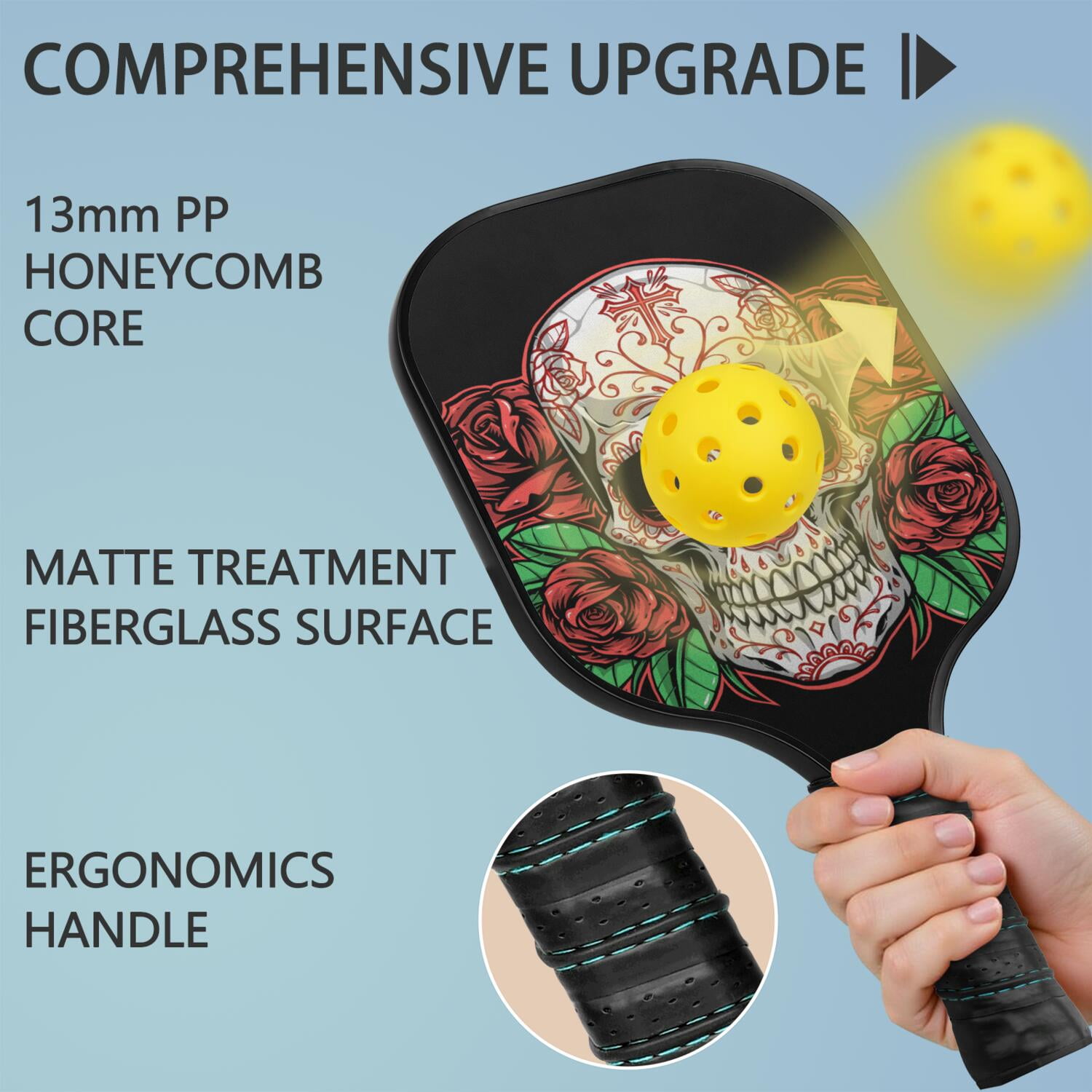 Pickleball Paddles Set Of 1, Fiberglass Surface, Skull & Tattoo Print, 1 Paddle, 2 Balls & Bag