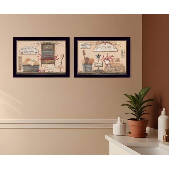 HomeRoots 407140 Horizontal Wash Room Black Framed Print Bathroom Wall Art - Set of 2