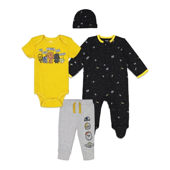 Star Wars Yoda Darth Vader R2-D2 Newborn Baby Boys Zip Up Sleep N' Play Bodysuit Jogger Pants and Hat 4 Piece Outfit Set Newborn