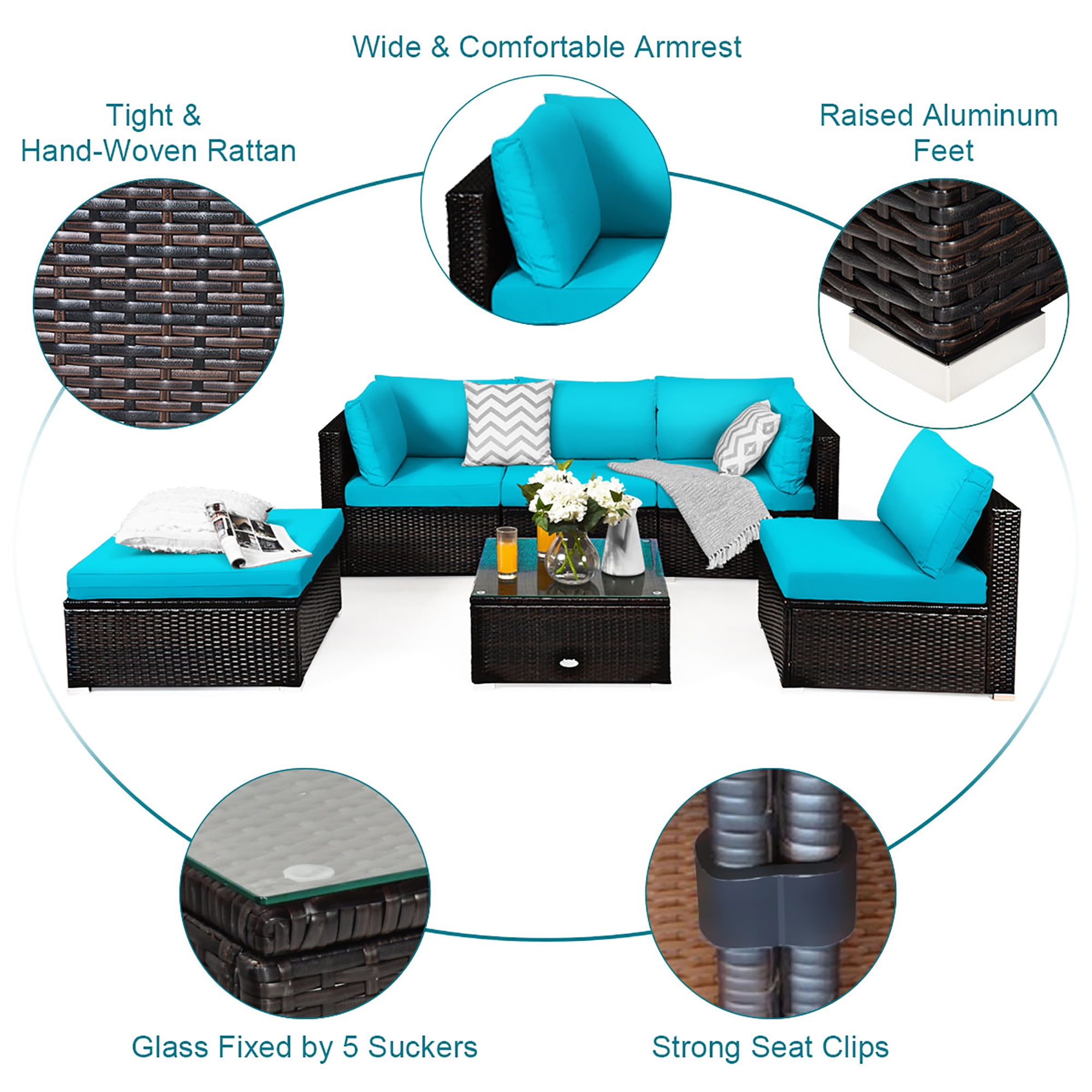 6PCS Outdoor Patio Rattan Furniture Set Cushioned Sectional Sofa Turquoise