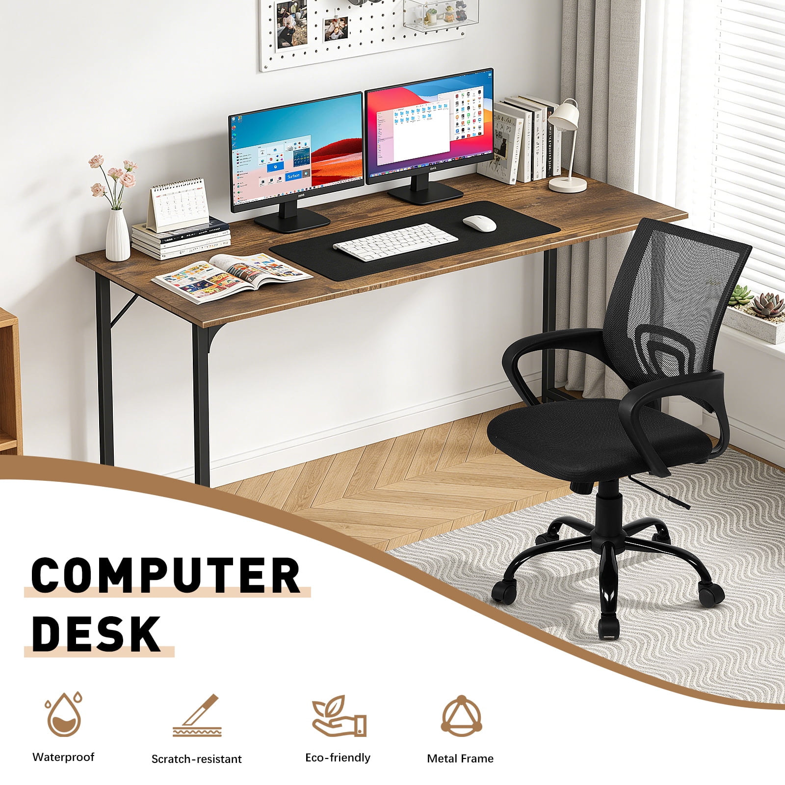 Dkelincs 47 inch Computer Desk and Chair Set Home Office Modern Wood Study Desk & Mesh Ergonomic Height Adjustable Office Chair for Small Spaces, Vintage & Black