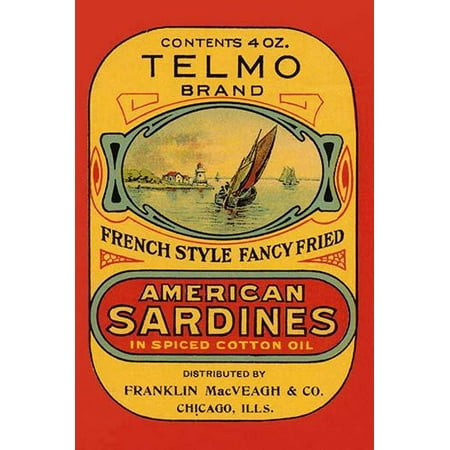 A can label for Telmo brand sardines in spiced cotton oil  Made in the USA they were distributed by Franklin McVeagh & co in Chicago  This 4 ounce can contained French style fancy fried sardines