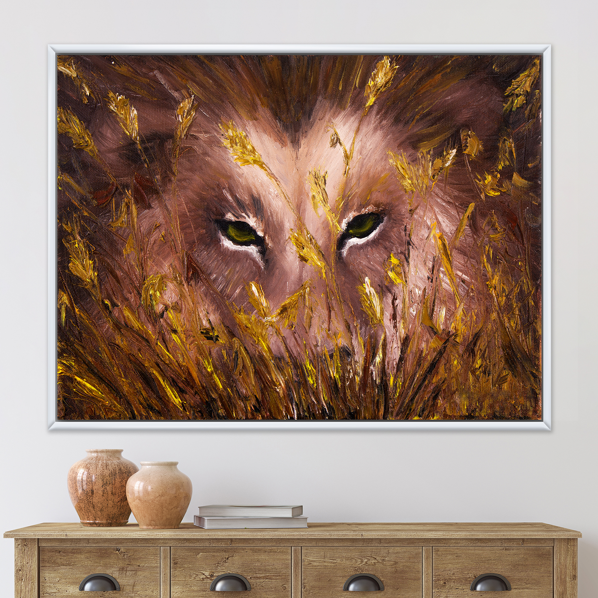 Designart 'Close Up Of Wolf Eyes In The Grass' Farmhouse Framed Canvas Wall Art Print