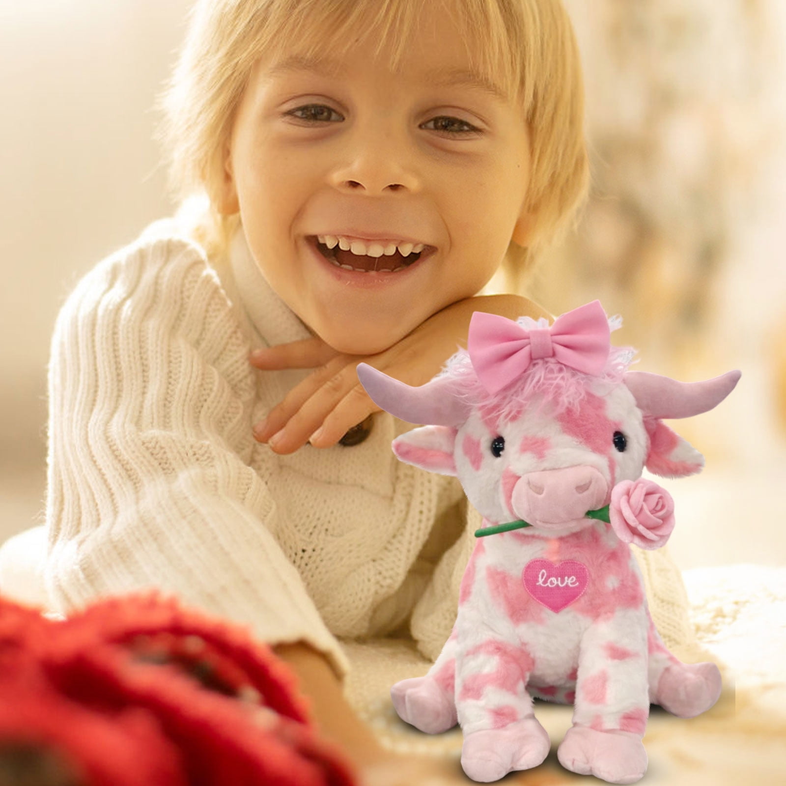 14inch Kawaii Pink Cow with Rose Stuffed Animals Plush Toy, Soft Plush Doll, Perfect Birthday Christmas Valentines Anniversary Easter Holiday Gifts, Easter Basket Stuffers