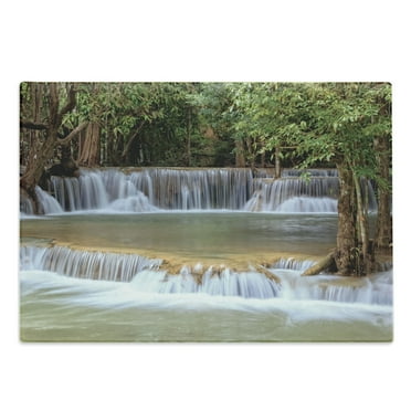 Rainforest Cutting Board, Rainforest Waterfalls in Kanchanaburi Thailand Summer Travel Exotic Lands, Decorative Tempered Glass Cutting and Serving Board, Large Size, Green Brown Grey, by Ambesonne