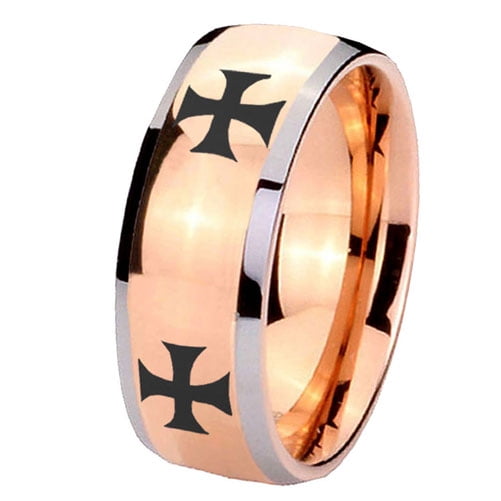 Tungsten 4 Maltese Cross 8mm Shinny Rose Gold Two Tone Dome Men Ring