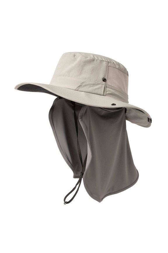 Mens UV Protection Sun Hat with Cooling Neck Flap, Wide Brim, Waterproof & Packable, Light Gray, M/L