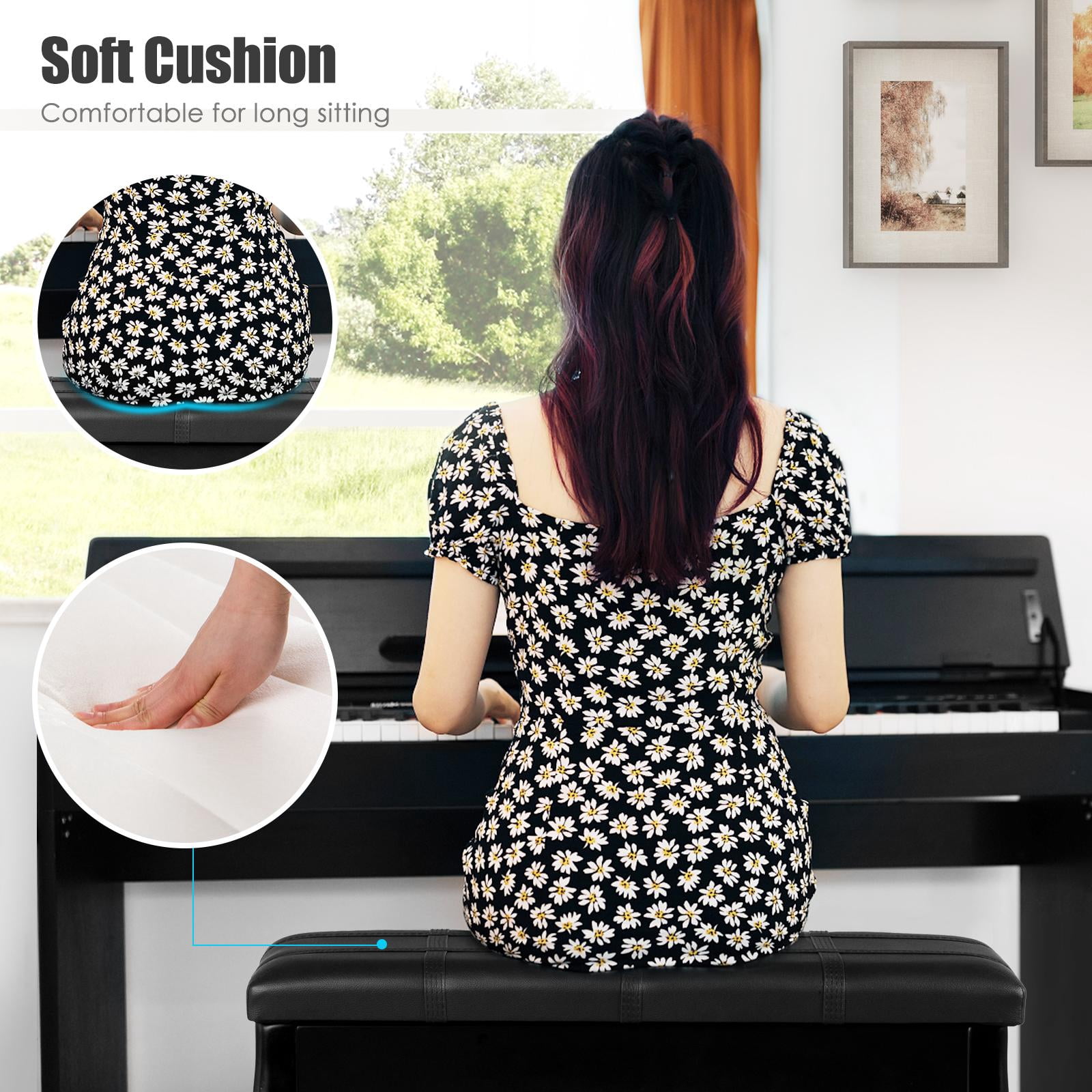Giantex Piano Bench Stool, Heavy Duty Piano Duet Seat w/Padded Cushion, Music Storag & Solid Wooden Legs, Black