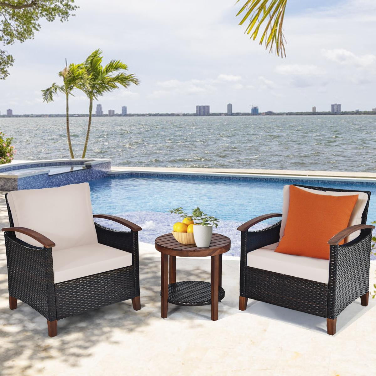 Giantex 3-Piece Rattan Outdoor Conversation Bistro Set with Items Included,  Beige