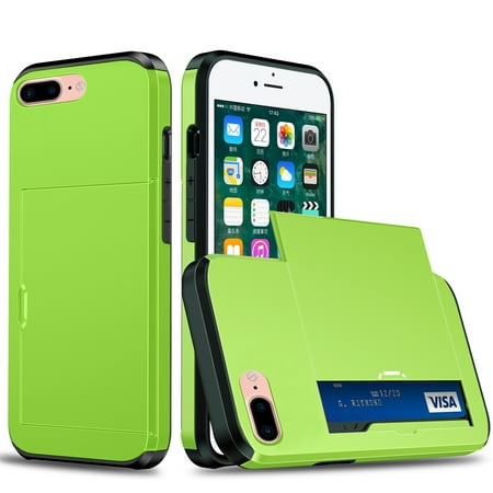 for iPhone 7 Plus, iPhone 8 Plus Wallet Case with Sliding Door Hidden Pocket Credit Card Holder Dual Layer Heavy Duty Shockproof Hard PC Hybrid TPU Phone Flip Protective Cover, Green