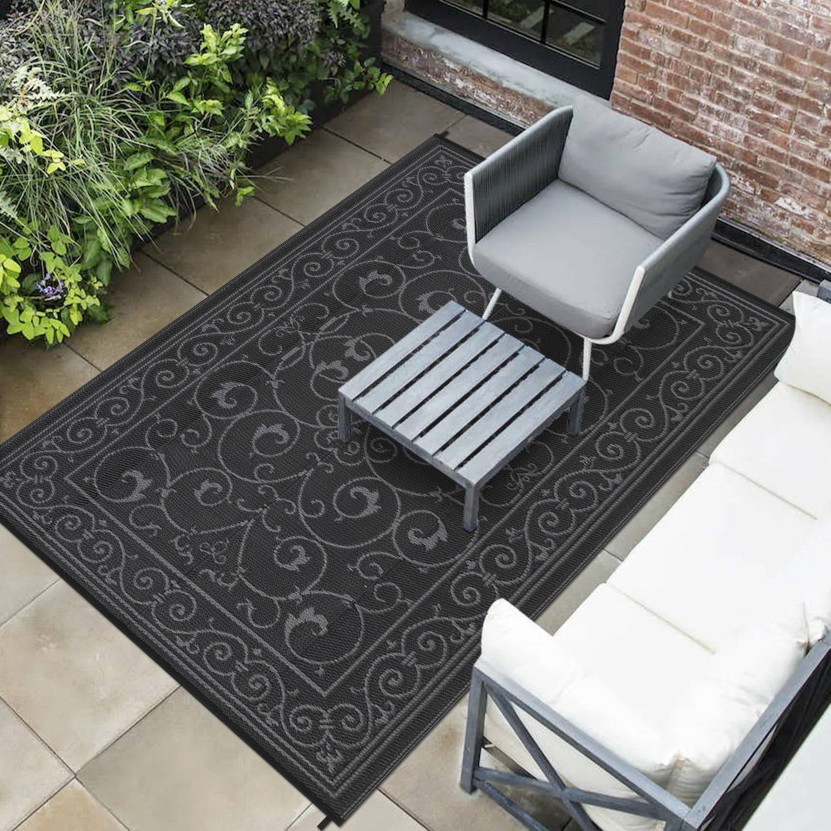 HIWEAVER 8' x 10' Black/Gray Outdoor Rug PP Plastic Straw Woven Waterproof Patio Rug with Border Portable Outside Carpet for Balcony Deck Picnic Garden Decor