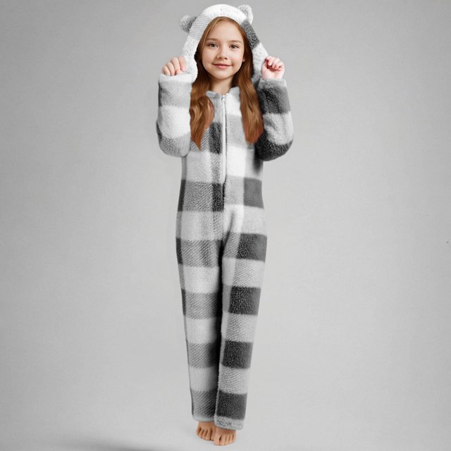 Mono de manga larga con capucha y pantalones largos para niña, a cuadros, informal, cálido, de poliéster, para dormir, para invierno