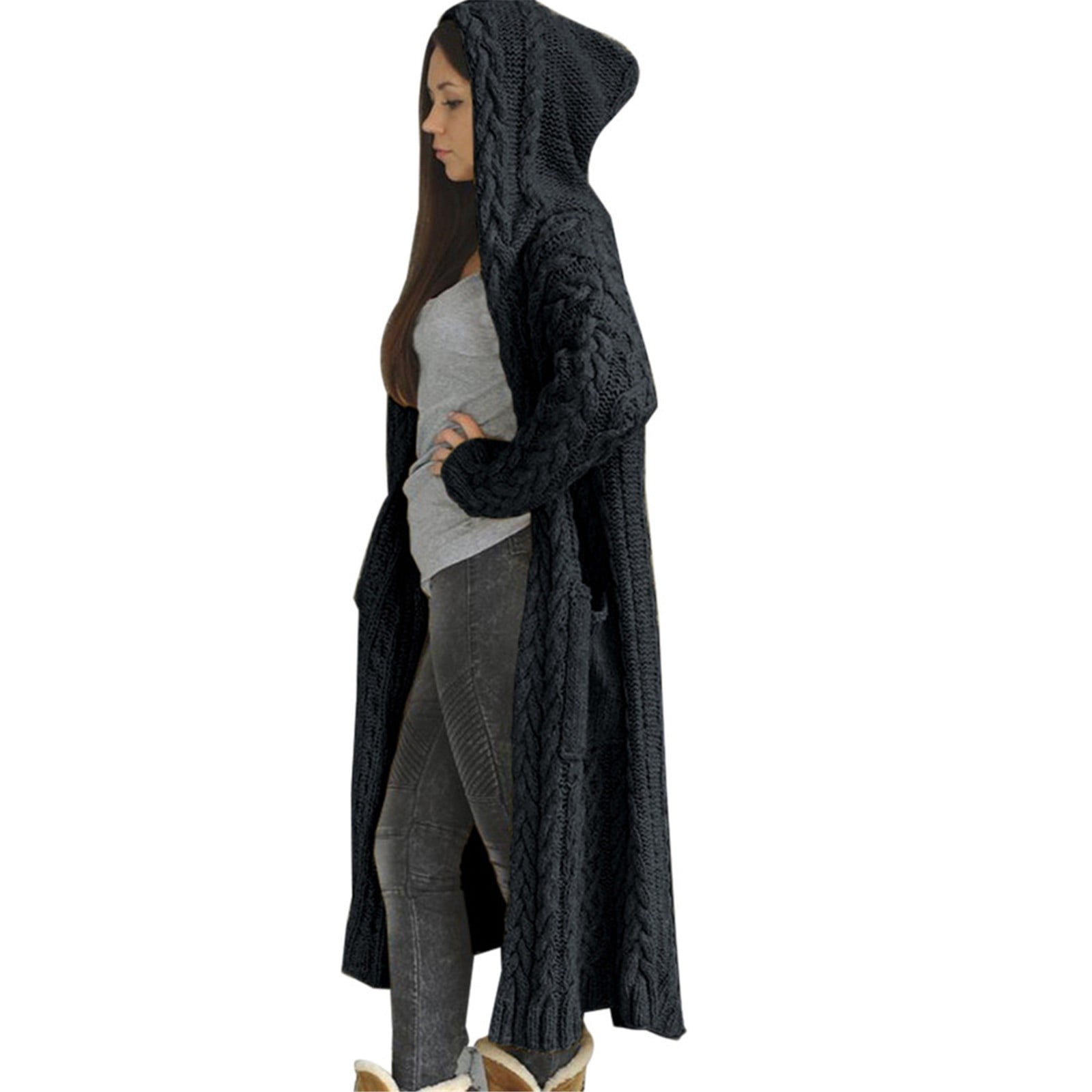 KDFJPTH Coat Solid Solid Sweater Winter Long Knitted Pocket Loose Women Cardigan Hooded Women's Coat 4x Sweater for Women plus Size Sweater Hoodie Women
