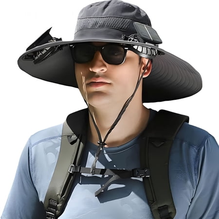 TELOLY Men s Wide Brim Solar Fan Outdoor Fishing Hat in Grey - includes 2 Solar Fans Medium Black