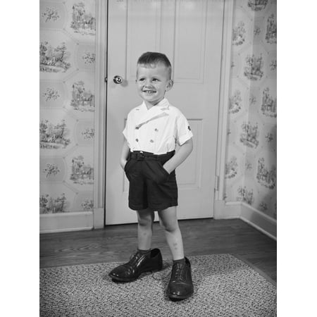 Boy Standing in Oversized Shoes Print Wall Art By Philip