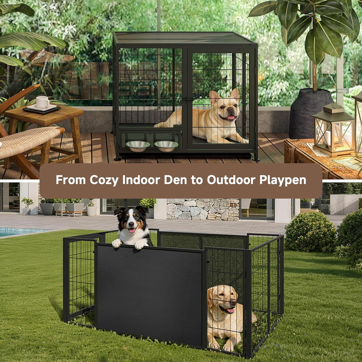 Amoveo 37.8" Heavy Duty Dog Crate for Medium Dogs, 3-in-1 Collapsible Metal Kennel & Playpen with Lockable Wheels & Feeding Bowls, Indoor Outdoor,Black