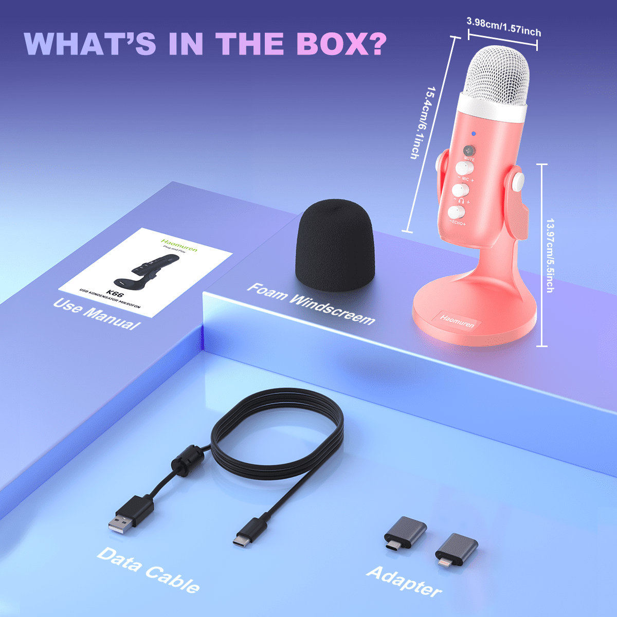 Haomuren Pink USB Gaming Microphone for PC/Phone/PS5, Studio Mic with Mute, Echo, Gain & Monitor Control for Streaming, Podcast, ASMR, Vocal