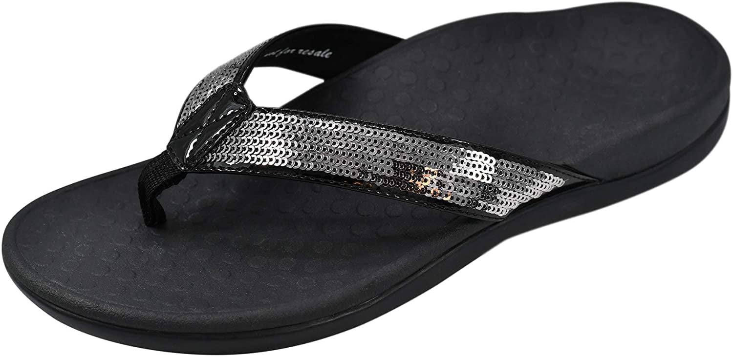 Ladies Flip Flop Sandals with Concealed Orthotic Arch Support Vionic Womens Tide Sequins Toe Post Sandals 