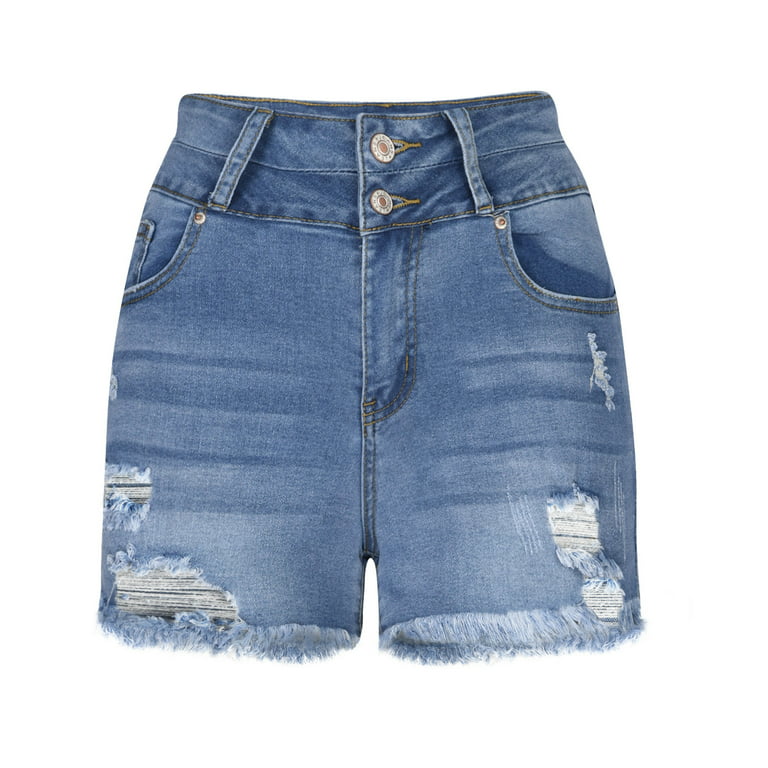 YYDGH Jean Shorts Womens High Waisted Stretchy Two Buttons Frayed Raw Hem  Ripped Denim Shorts Distressed Light Blue S 