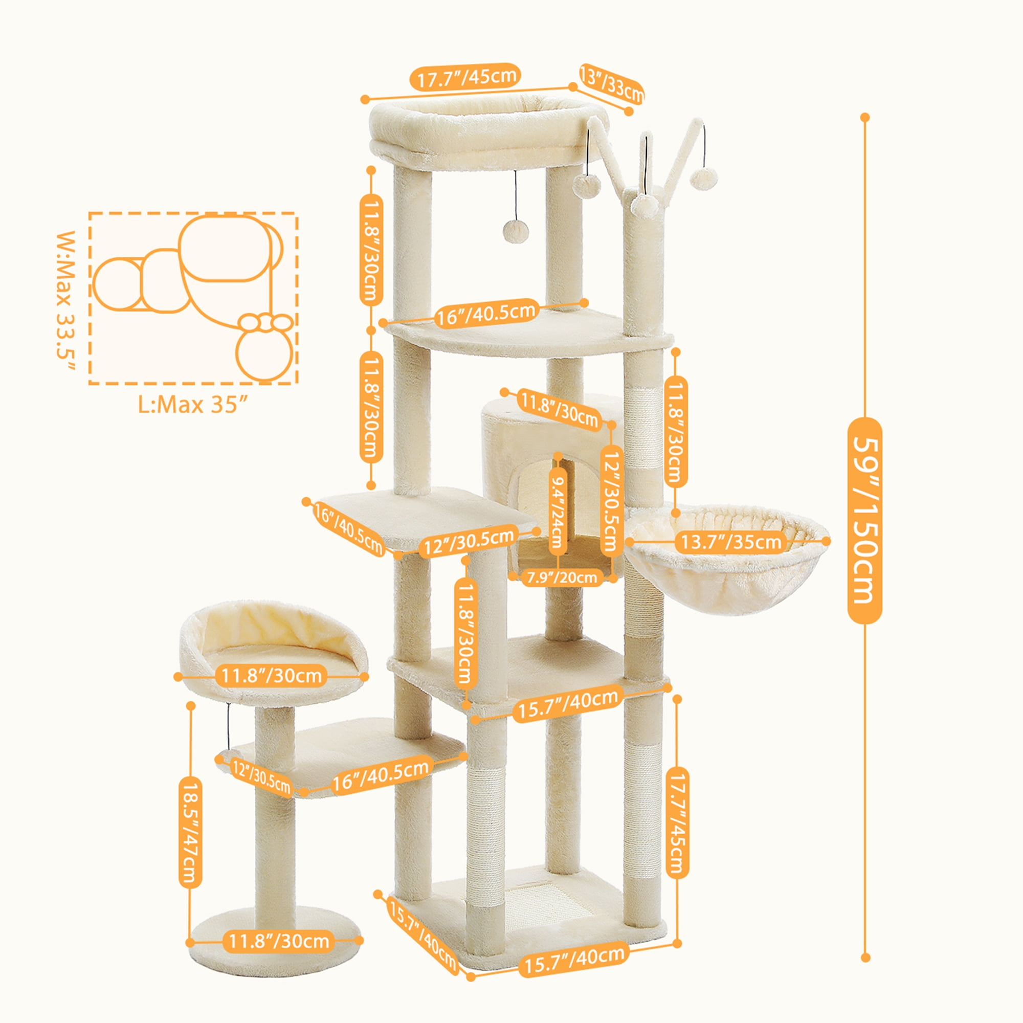 Pefilos 59" Multi-Level Cat Tree House with Large Hammock, Scratching Post, 2 Perches, Cat Tower with 3 Removable Pompom Sticks, Cat Condo, Beige Pefilos 59" Multi-Level Cat Tree House with Large Hammock, Scratching Post, 2 Perches, Cat Tower with 3 Removable Pompom Sticks, Cat Condo, Beige