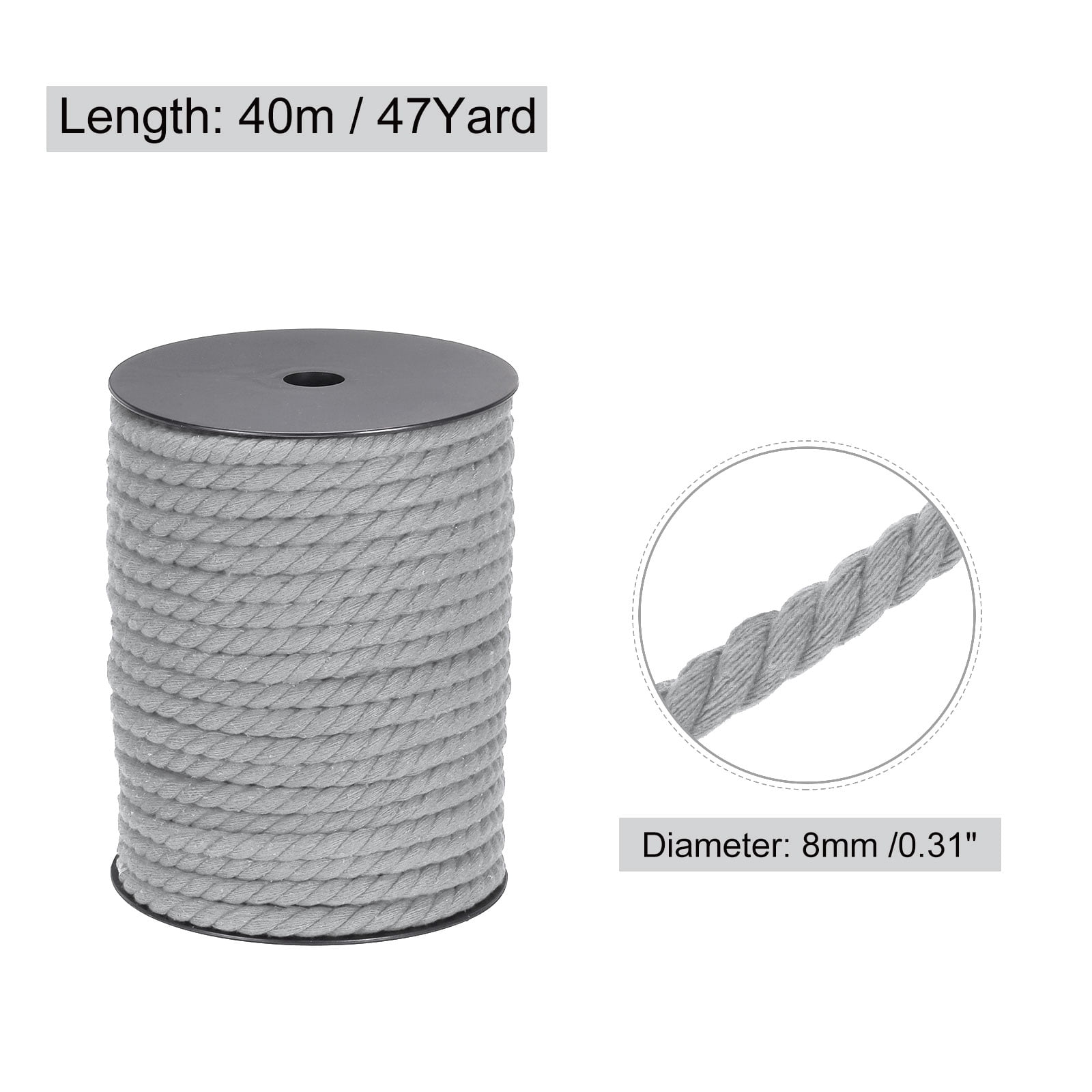 Cotton Rope 3 Strand Twisted Braided Rope Cord, White Gray 40m/47 Yard 8mm Dia for Wall Hanging, Plant Hanger