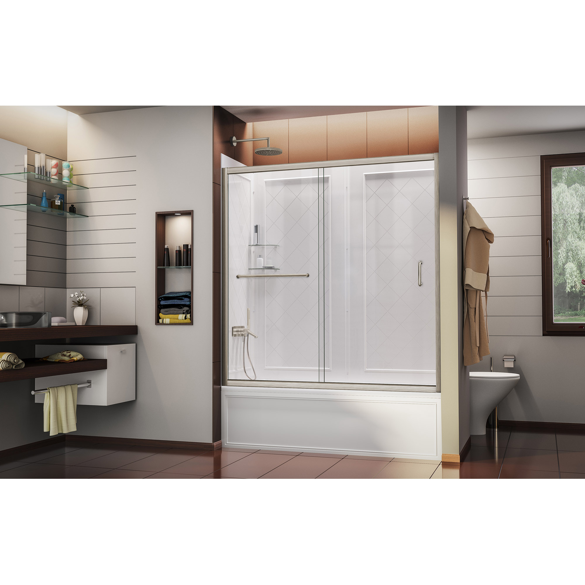 DreamLine Infinity-Z 56-60 in. W x 60 in. H Clear Sliding Tub Door in Brushed Nickel with White Acrylic Backwall Kit - image 4 of 14