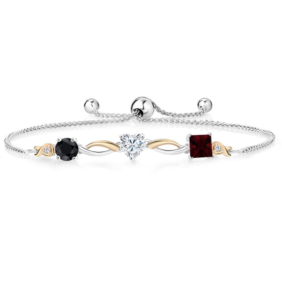 925 Silver and 10K Yellow Gold Black Sapphire Near Colorless White Moissanite Red Garnet and Lab Grown Diamond Tennis Bracelet for Women By Keren Hanan (2.41 cttw, Adjustable up To 9 inch)
