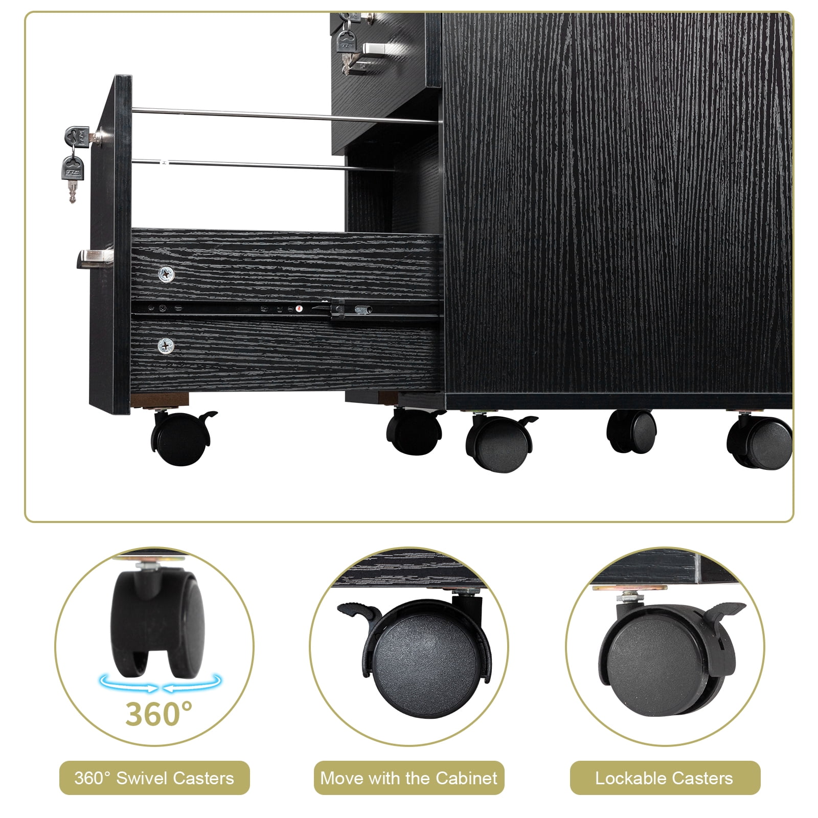 Xilee Black File Cabinet, Modern Design Filing Cabinets for Home Office, Drawers for Under Desk, Locking 3 Drawer Rolling Wood File Cabinet with Lock, by Crafts and Comfort