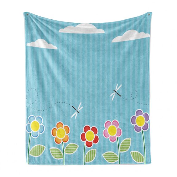 Dragonfly Soft Flannel Fleece Throw Blanket, Kids Playroom Children Floral Girls Daisy Blooms Under Cloudy Sky Cartoon, Cozy Plush for Indoor and Outdoor Use, 70" x 90", Sky Blue White, by Ambesonne