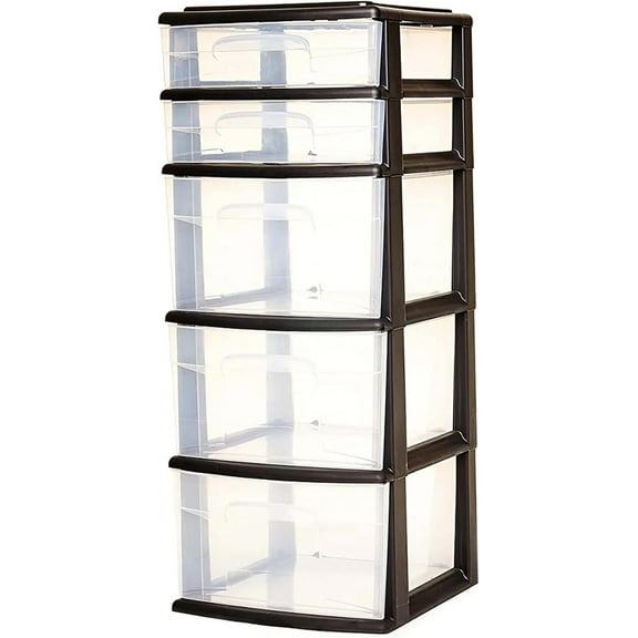 HOMZ Drawer Tower, 5-Tier Clear Plastic Storage Organizer, Black Frame