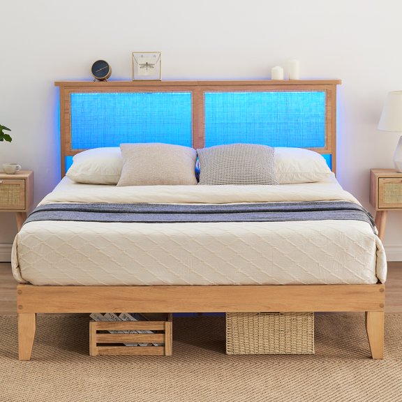 Queen Bed Frame with Natural Rattan Headboard Mattress Foundation, Noise-Free, No Box Spring Needed Platform Bed Frame