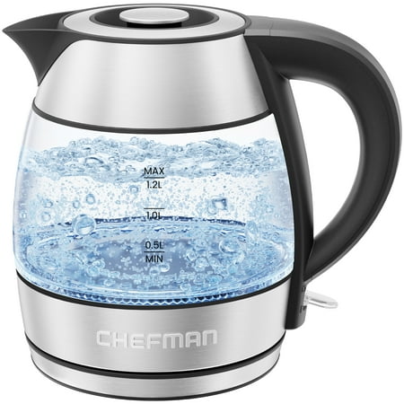 Chefman Rapid Boil Glass Kettle 1.2 Liter 1500 Watts for Fastest Boiling Speed Stainless Steel