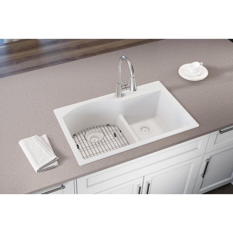 Elkay Quartz Classic Undermount 33-in x 22-in White Double Offset Bowl Kitchen Sink | ELGHU3322RWH0C