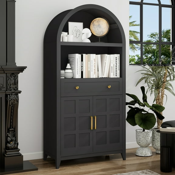 FULLWATT 65" Tall Arched Cabinet, Kitchen Pantry Cabinet, Farmhouse Arched Bookcase Bookshelf with Storage Drawer and Ajustable Shelves, China Pantry, for Living Room, Kitchen, Home Office, Black