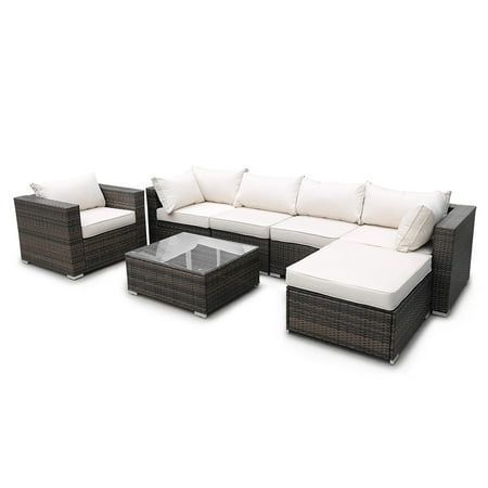 Great Deal Furniture Outdoor 7-Piece PE Rattan Sectional Sofa Set with