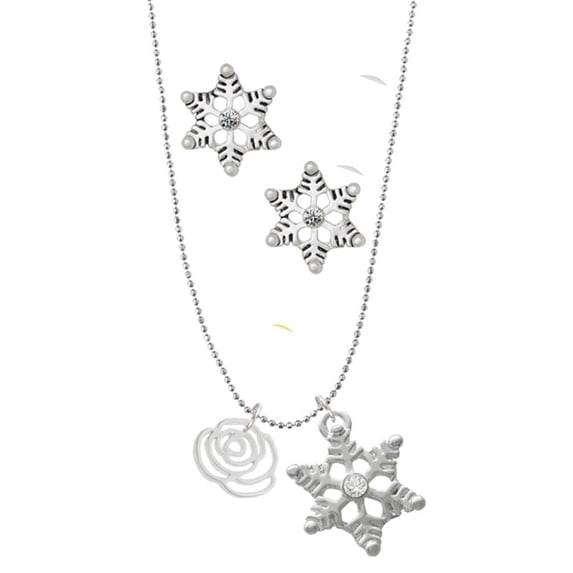 Delight Jewelry Silvertone Small Rose Outline Silver tone Snowflake Charm Necklace and Stud Earrings