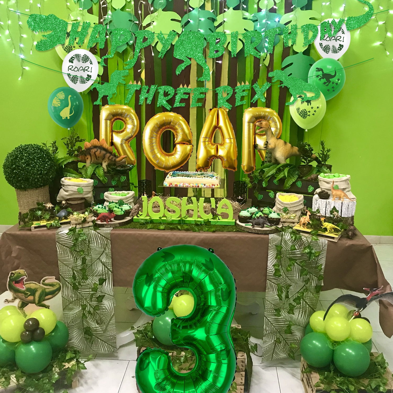 Drei Rex Dinosaurier Banner Für 3. Geburtstag – Grüne Glitzer-Girlande Mit T-Rex Motiven