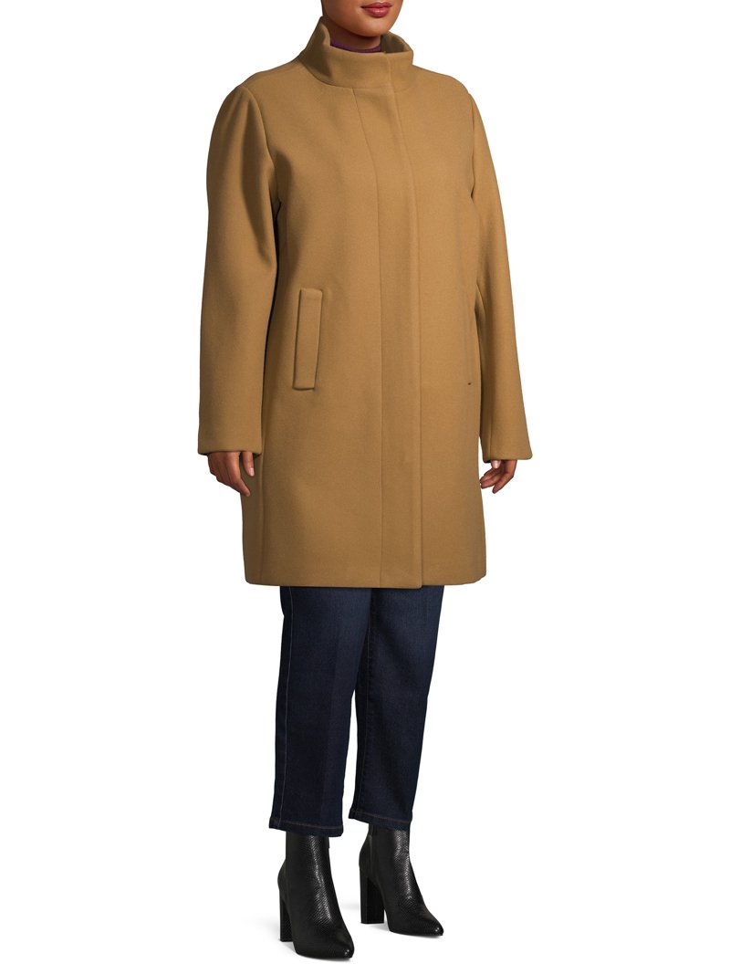 Time and Tru Women's Plus Size Faux Wool Funnel Neck Coat