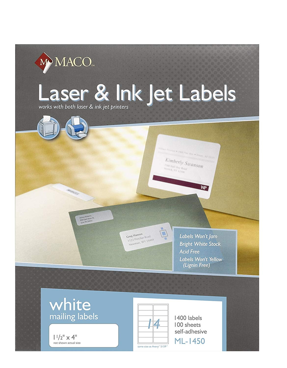 MACO Laser/Ink Jet White Address Labels, 11/2 x 4 Inches, 14 Per Sheet
