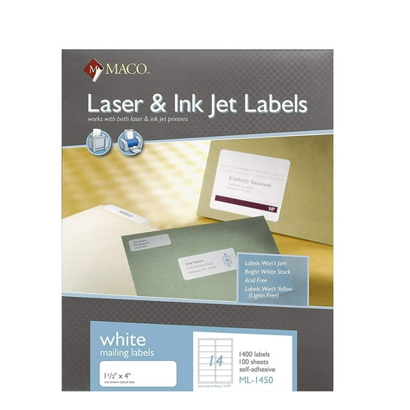 MACO Laser/Ink Jet White Address Labels, 1-1/2 x 4 Inches, 14 Per Sheet, 1400 Per Box (ML-1450)