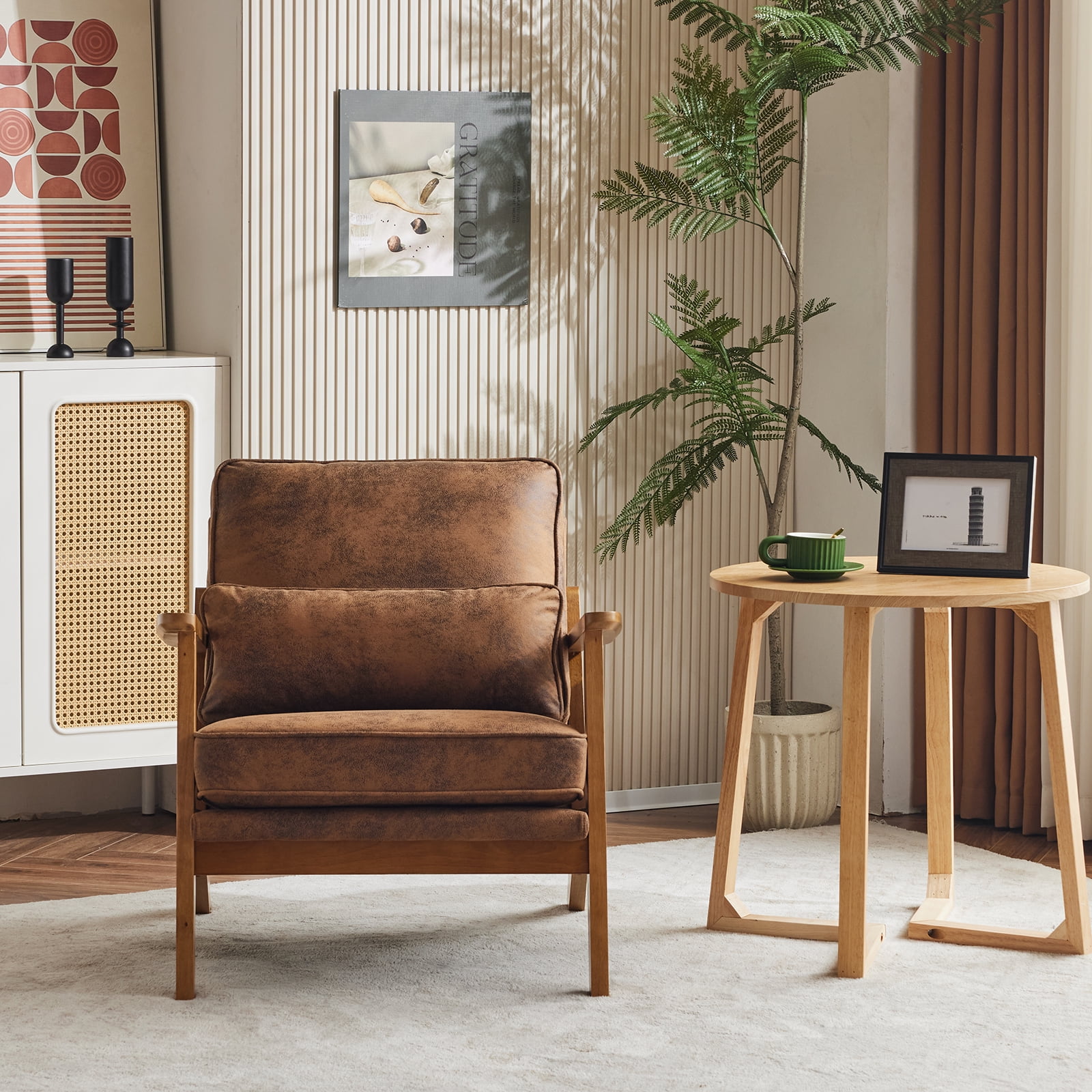 Ktaxon Accent Chair Suede Upholstered Armchair, Reading Club Chair with Pillow for Living Room Bedroom Furniture Brown