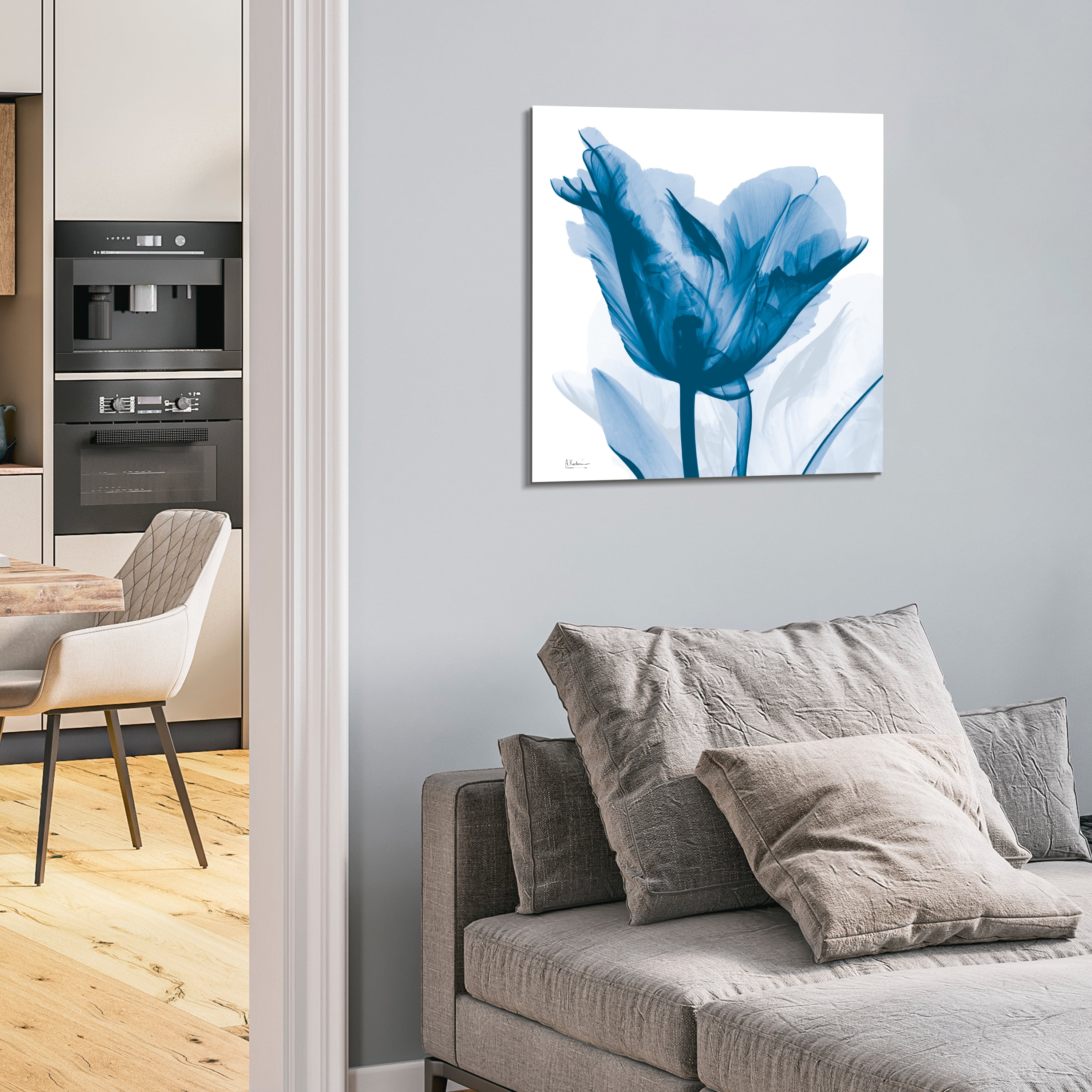 "Lusty Blue Tulip" Frameless Free Floating Reverse Printed Tempered Art Glass Wall Art, 24 in. x 24 in.