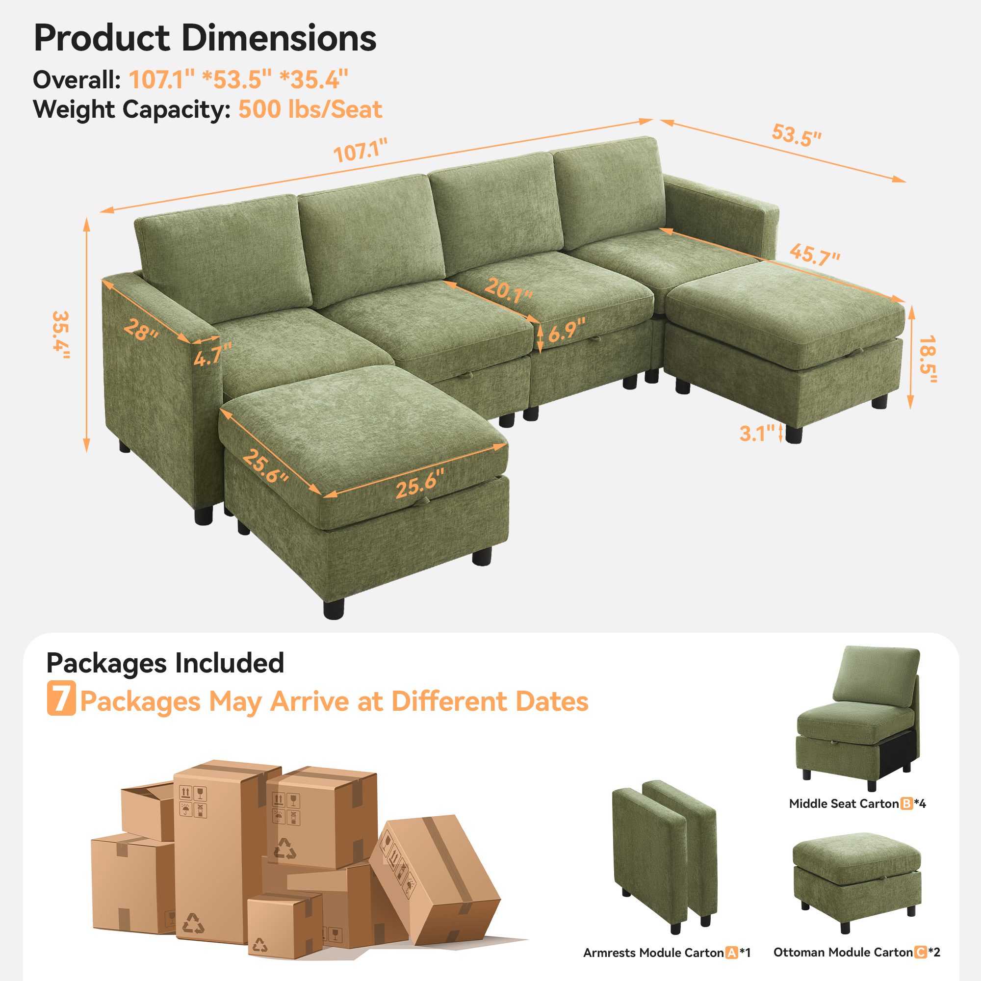 Middle Seat Module for Modular Sectional Couch Sofa, Living Room Accent Armless Sofa Chair with Storage & Pillow, Modern Side Sectional Middle Unit, Chenille Green