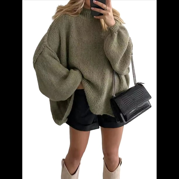Suéteres de Cuello Alto de Gran Tamaño para Mujer, Jerseys de Punto Grueso de Larga, Ropa de Moda de Invierno, Otoño Verde S
