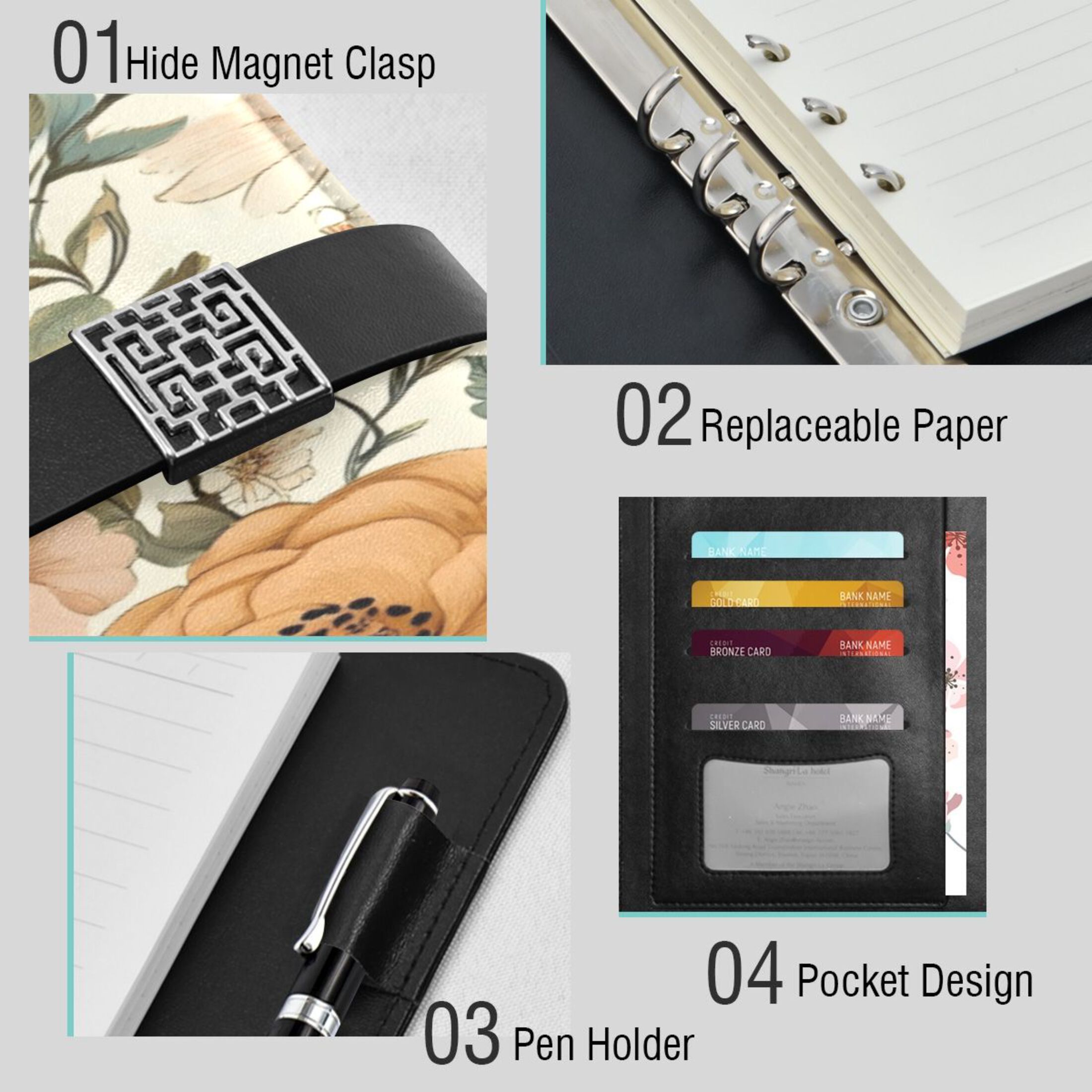 9.2x6.7 inch Leather Notebook 100 Sheets, Multi-Pocket Design & Pen Loop Beautiful Vintage Floral Refillable Journal Organizer