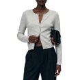 thumbnail image 3 of Women Crew Neck Drop Shoulder Button Down Cropped Knit Cardigan White Flower Ash M, 3 of 7