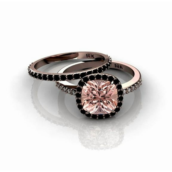 2.55 Carat 7mm Cushion Cut Morganite Ring with Black Diamond Moissanite Halo Bridal Set in 10k Rose Gold
