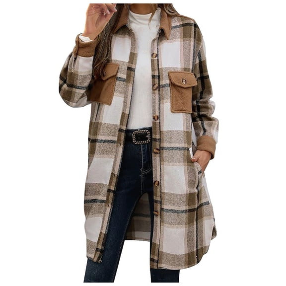 Womens Tops Women's Casual Lapel Button Down Long Plaid Shirt Coat Tartan Shacket Jacket Womens Fall Fashion